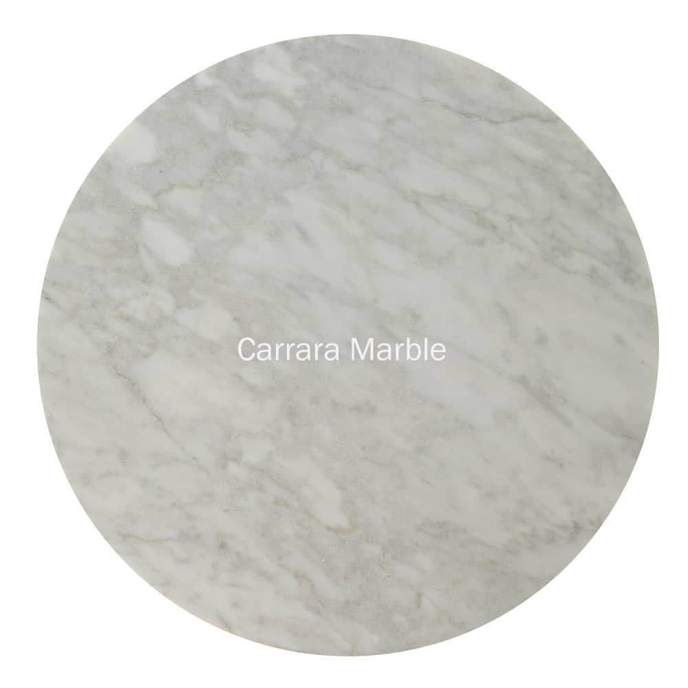A top down view of a circular White Carrara Marble Saarinen Tulip Table, shows the natural chalky colour interjected with beautiful grey veining