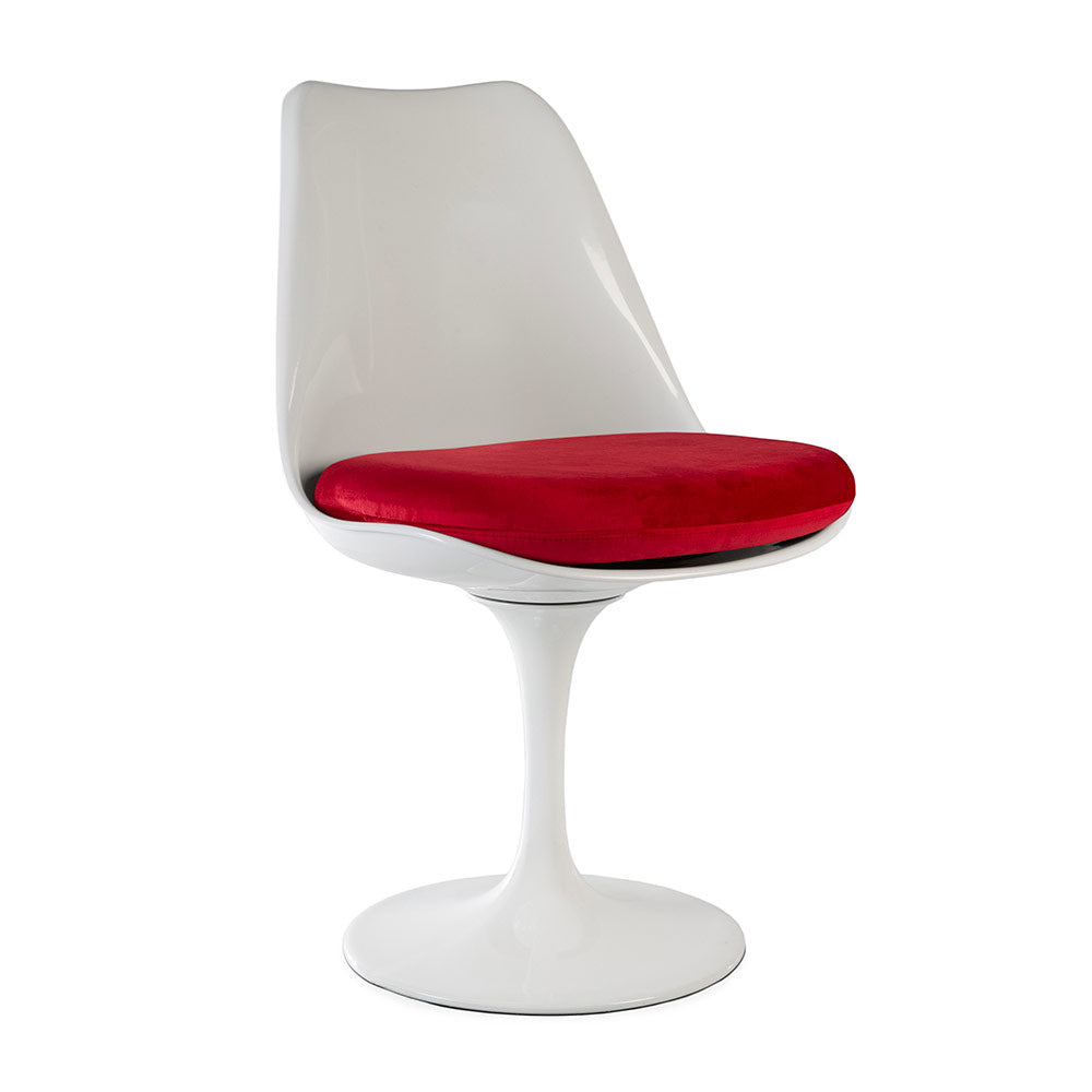 A highest quality Saarinen Tulip Chair made with the original fibreglass, in white and finished with a cushion made from velvet like fabric in a chilli red 