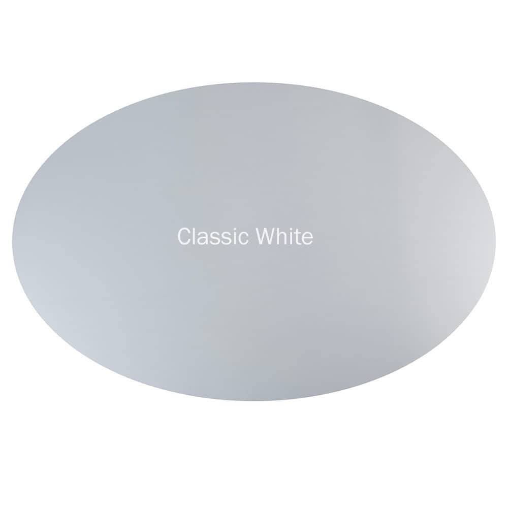 Seen directly from the top down, the classic white top of the oval shaped laminated Saarinen Tulip Table is seen in all its simplified glory