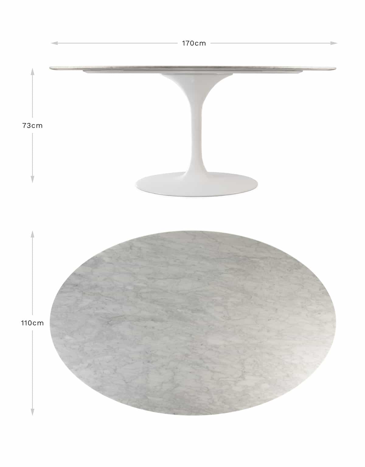Adjusted for mobile & tablet, a top down & straight on view of the 170 x 110 cm oval Saarinen Tulip Table showing visual dimensions for the product