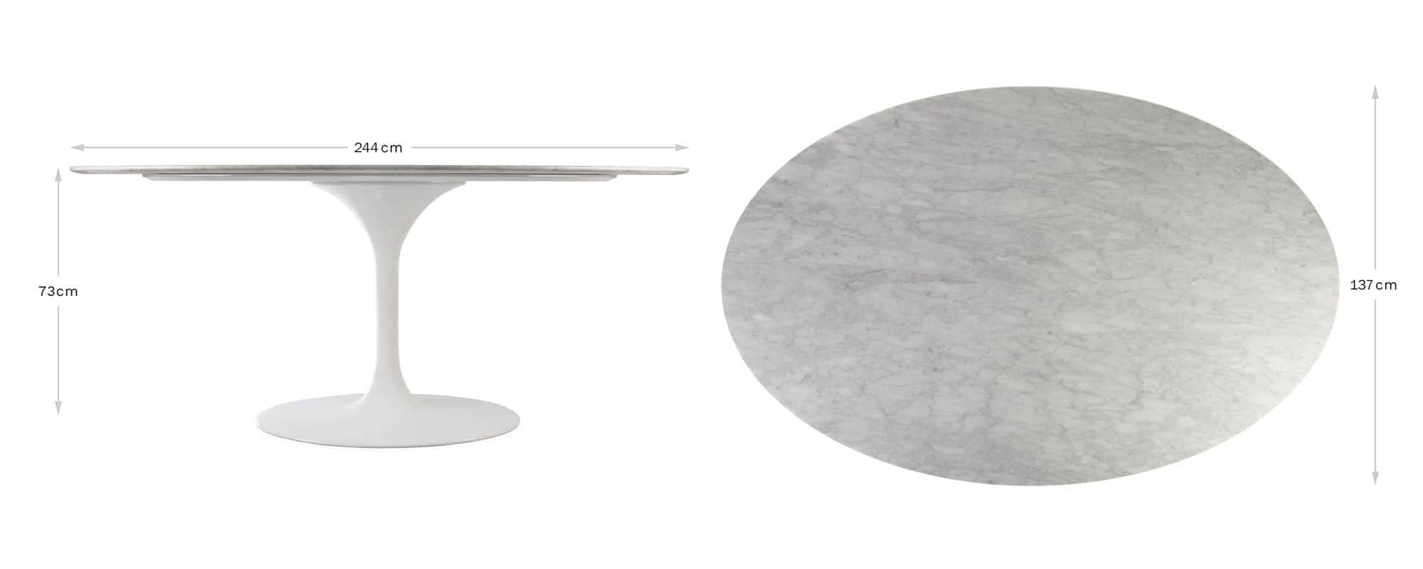 A profile side on and top-down view of a large oval 244 x 137 cm Tulip Table to provide a visual reference to the height, width and length of the table