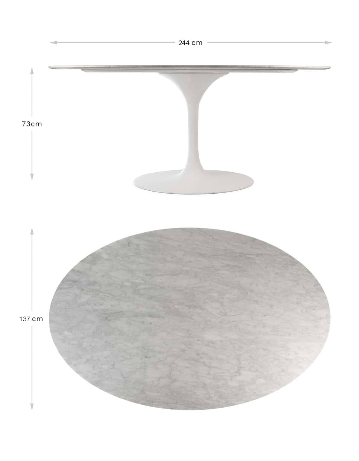 Made for mobile, a static side on view and top down shot is used to visually represent the length, height and width dimension of the 244 x 137 Tulip table
