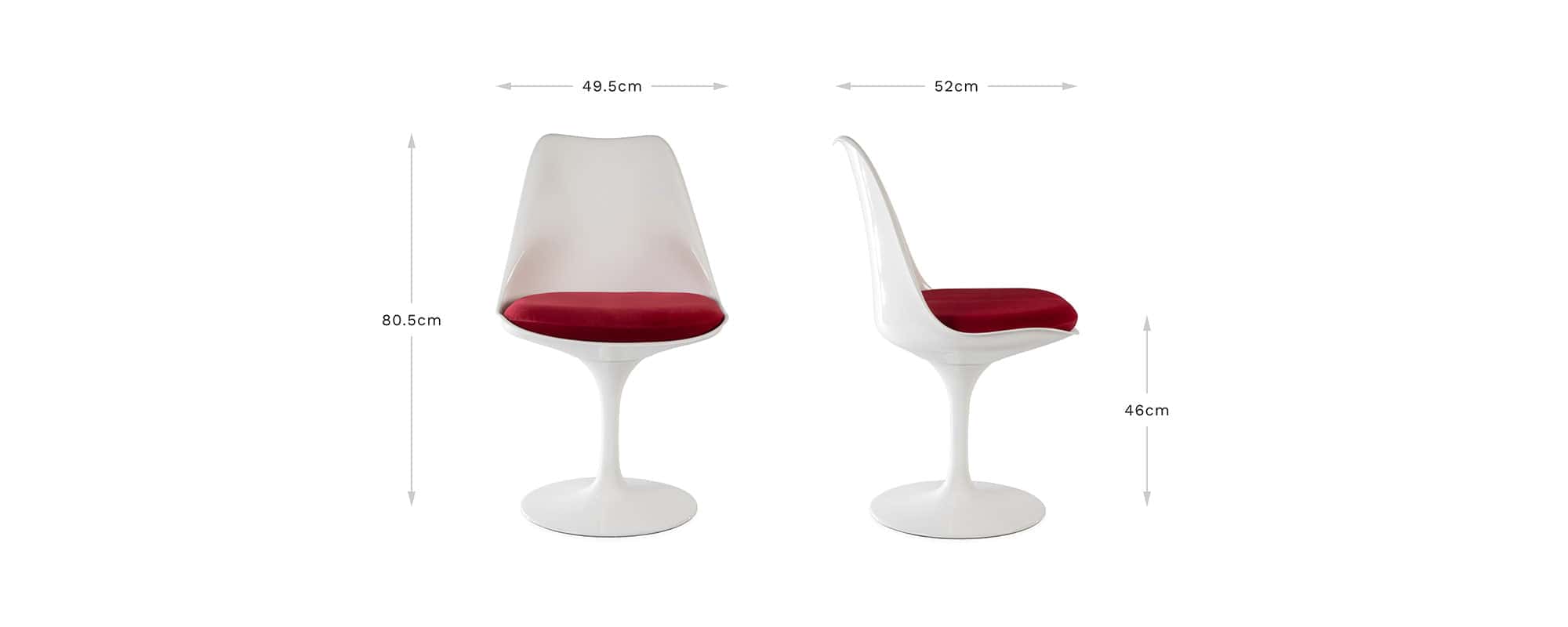 A classic Saarinen Tulip Side Chair can be seen front and side on with arrows to denote dimensions which are also given in centimetres