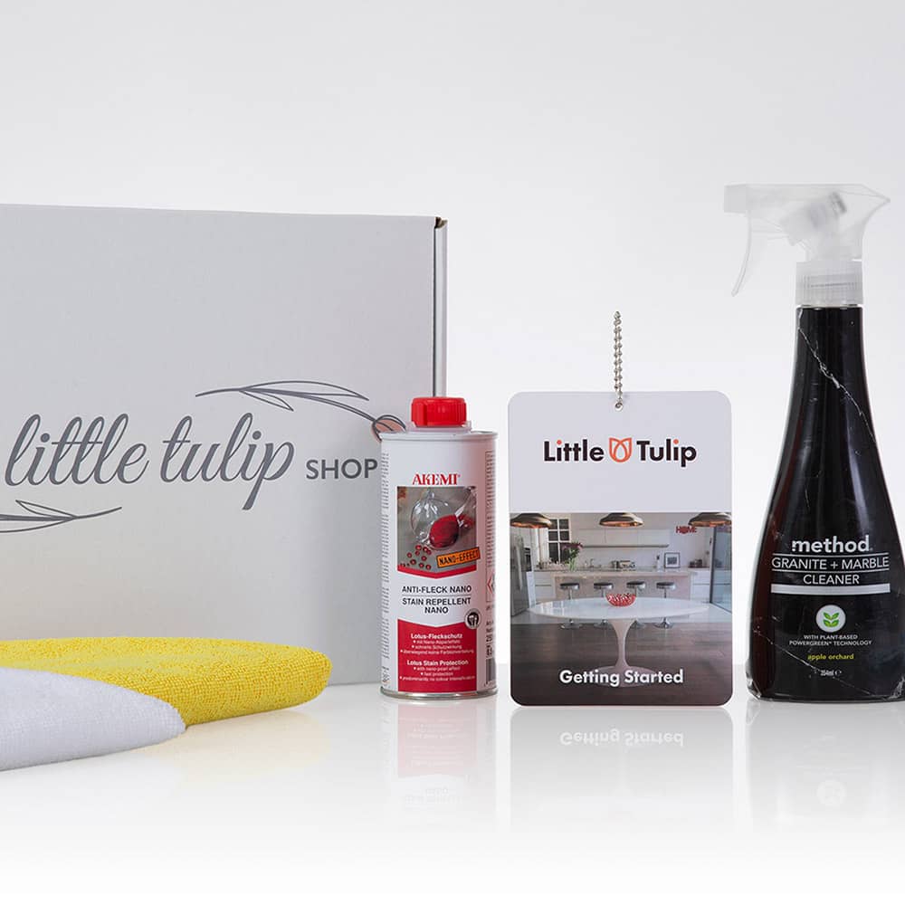 A Little Tulip care pack complete with everything needed to seal your new marble table at home, keep it clean looking fresh for years to come