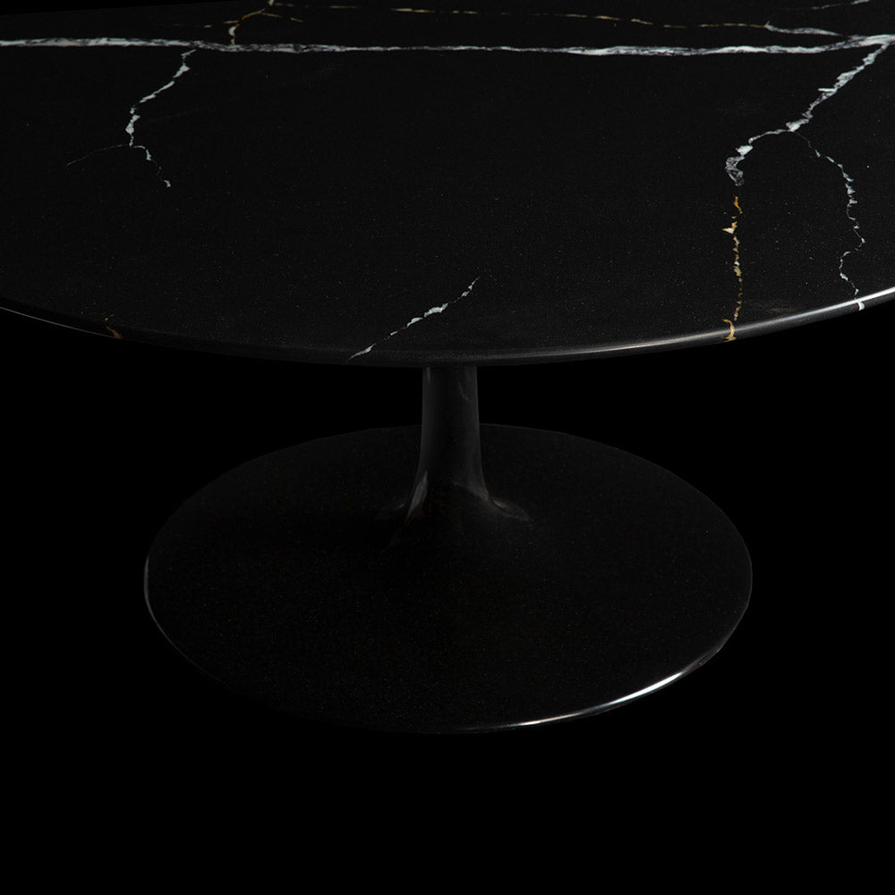 Get a sense of the alternative option with this black Nero Marquina Marble, seen here atop the Saarinen Oval Coffee Table and with black background too