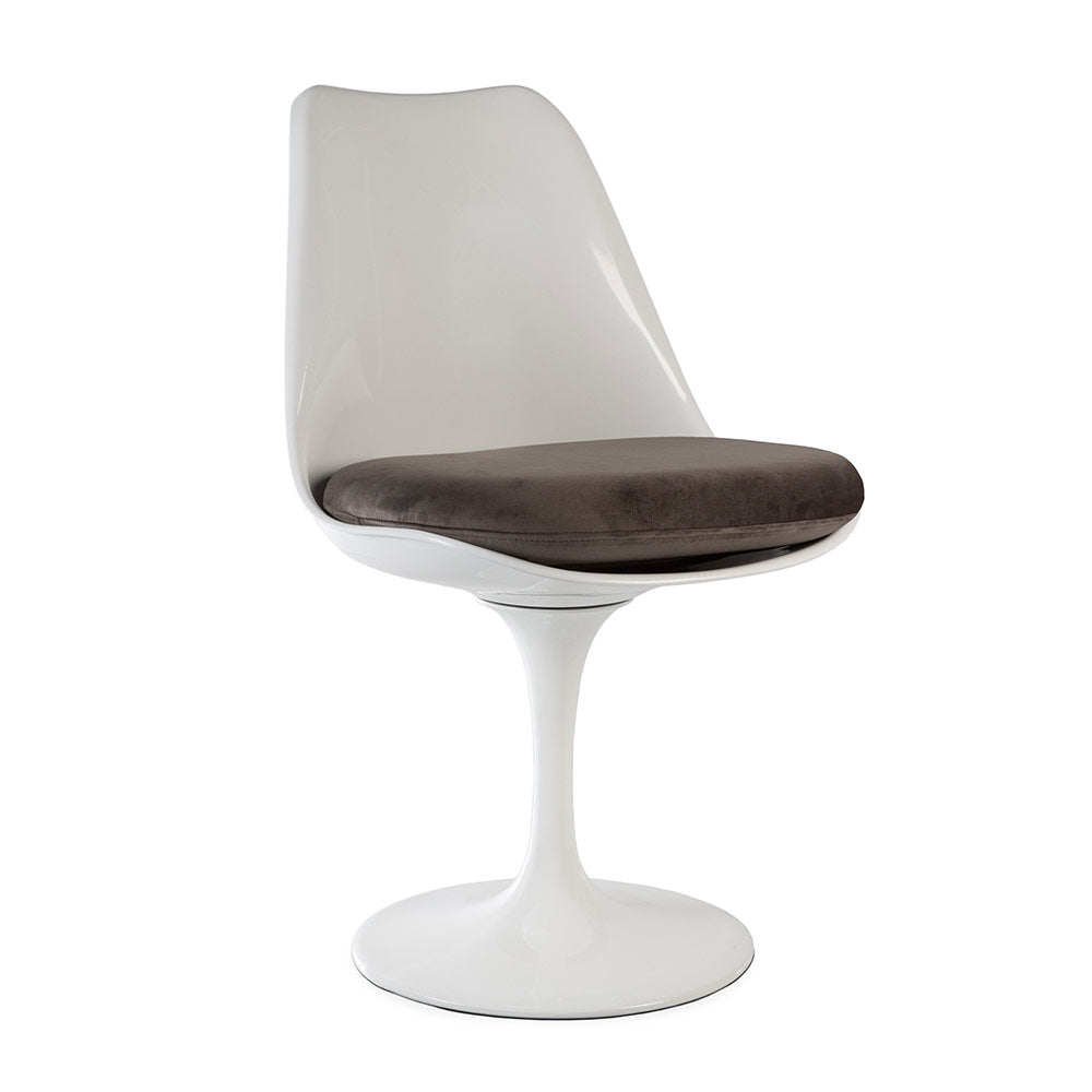 A highest quality Saarinen Tulip Chair made with the original fibreglass, in white and finished with a cushion made from velvet like royal grey fabric 