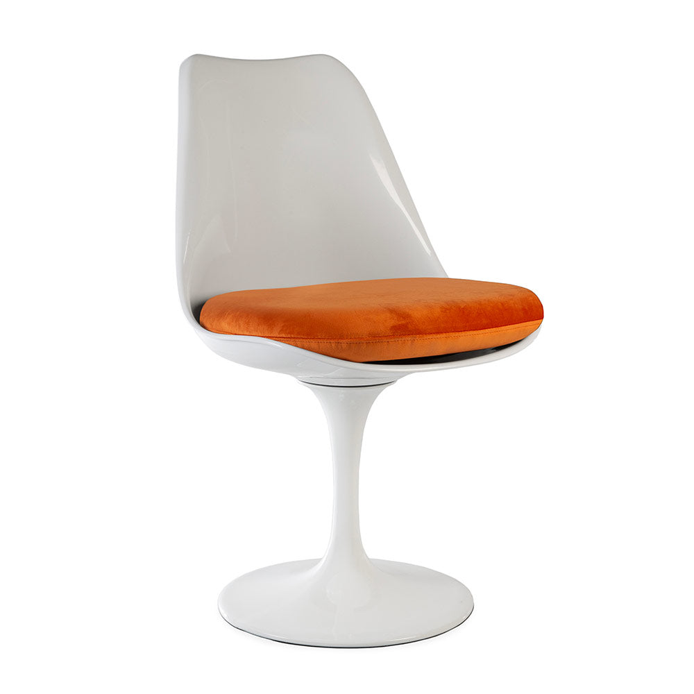 A highest quality Saarinen Tulip Chair made with the original fibreglass, in white and finished with a cushion made from velvet like vibrant orange fabric 