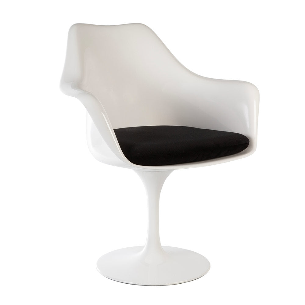 A Saarinen Tulip Arm Chair in a super high quality fibreglass seen simply at a three quarter angle, proudly displaying the deep jet black seat cushion