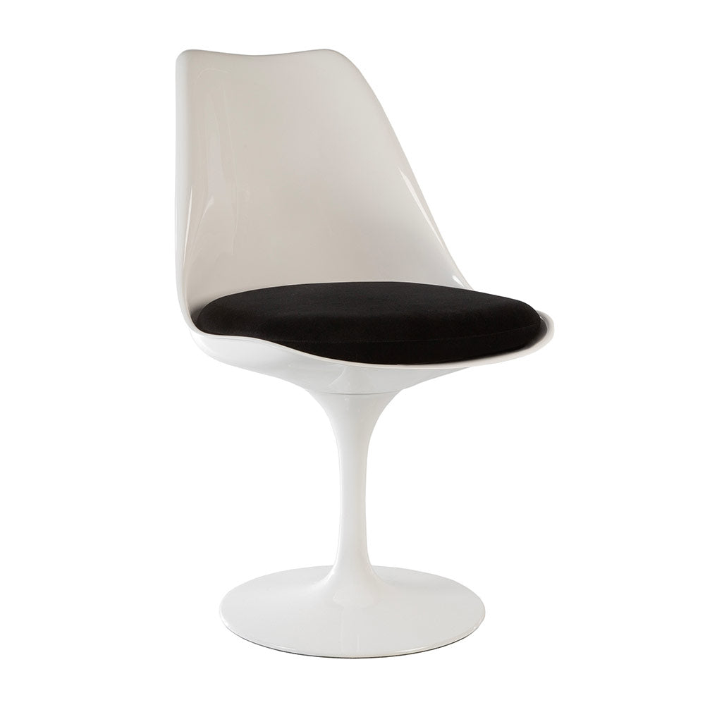 A highest quality Saarinen Tulip Chair made with the original fibreglass, in white and finished with a cushion made from velvet like jet black fabric 