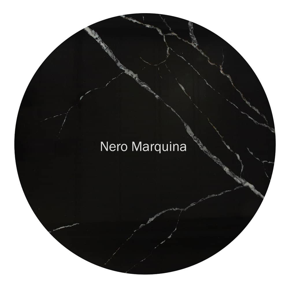 A top down view of a circular Black Nero Marquina marble Saarinen Tulip Table, a gorgeous natural stone with jet black base & white lightning like veins