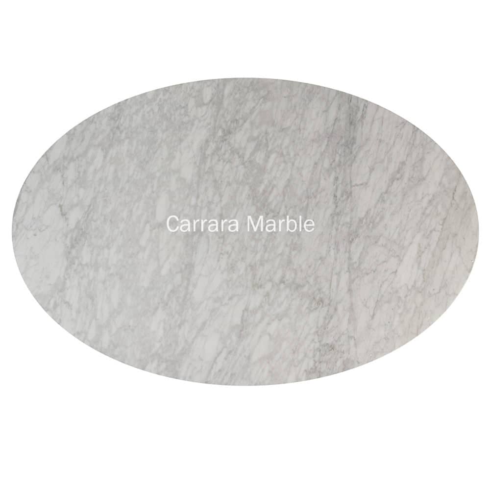 A view from above shows the shape, pattern and textured feel of the Oval Saarinen Tulip Table top in a gorgeous white Carrara Marble with its subtle veins