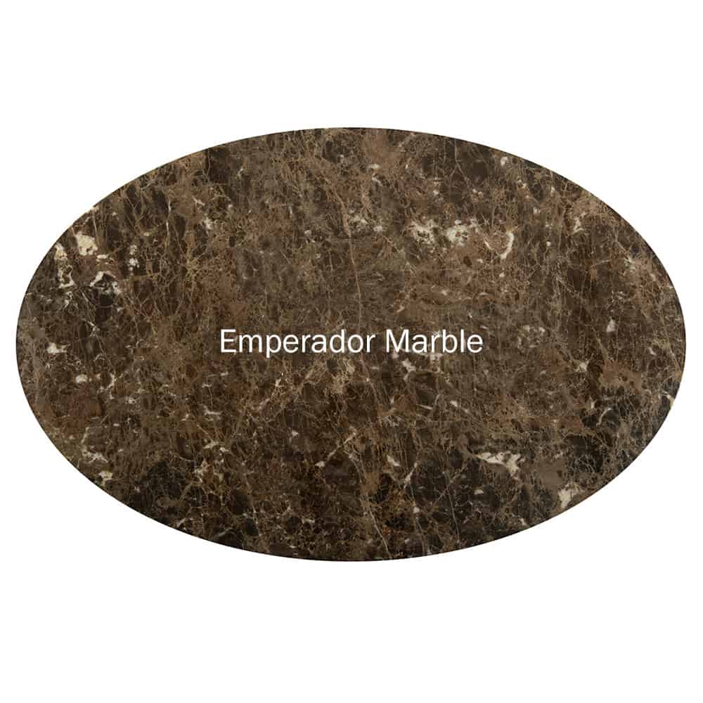 The beautiful Emperador Marble is seen here as a top down swatch image that shows the full oval shape of the table top and the typical marble pattern 