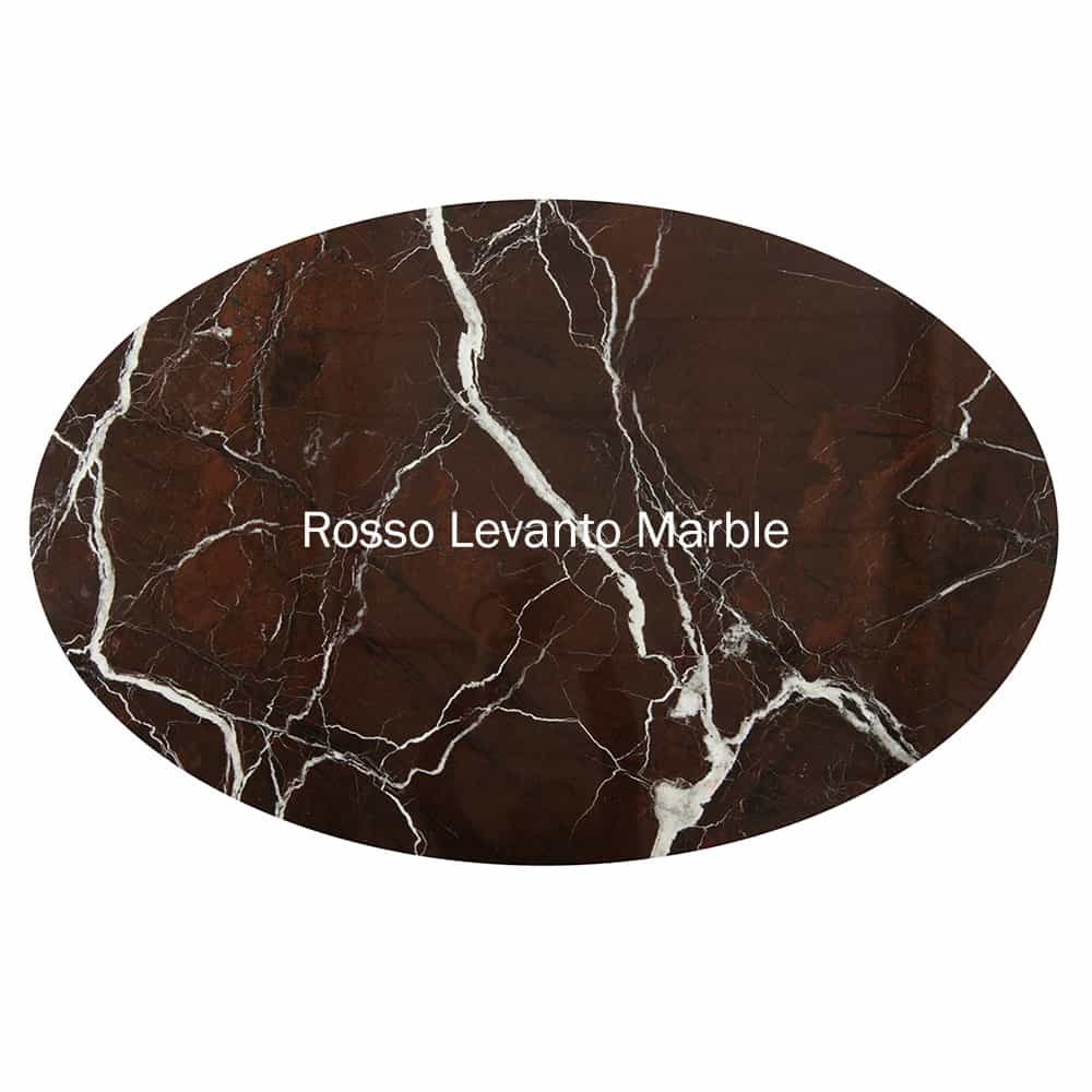 A top down image that shows the viewer a typical pattern of a Red Levanto Rosso Marble Tulip Table top along with the full oval shape 