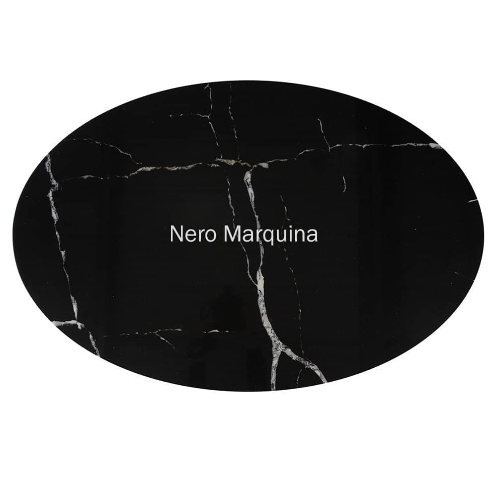 With unrivalled subtlety, the black Nero Marquina Oval Tulip Marble table can be seen from above showing its black colour and white lightning veins