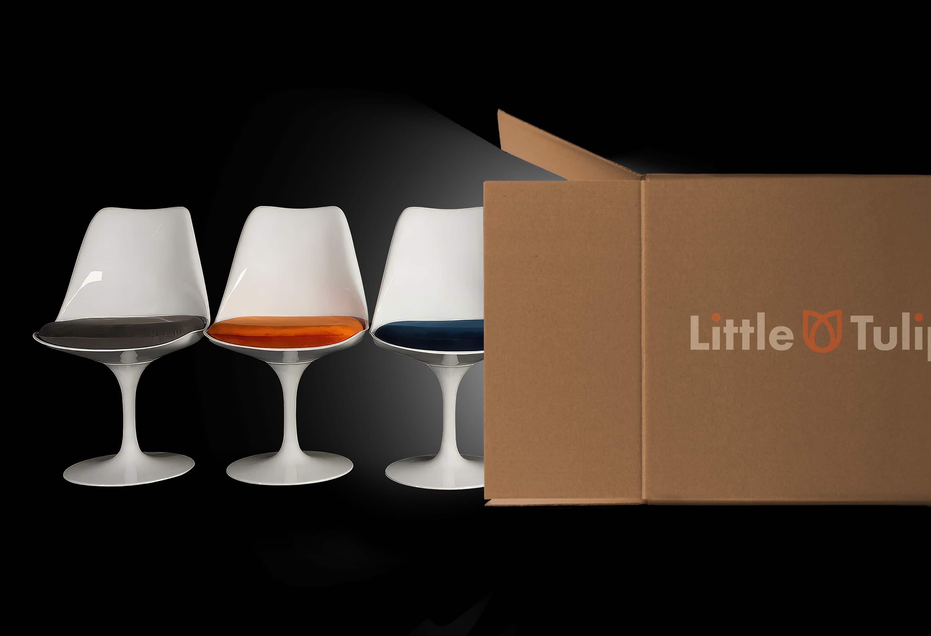 From the Little Tulip Shop delivery page is a banner that gives the visual impression of Tulip Chair products being delivered from an open box