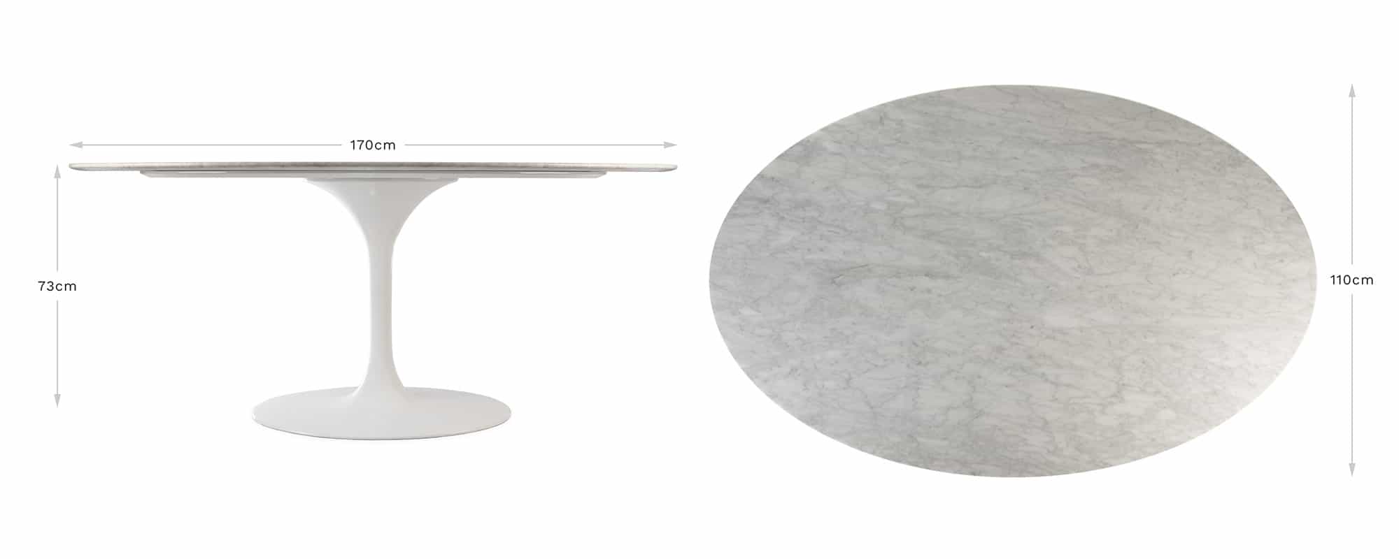 Our medium sized oval Tulip Tables are shown here against a clear white back ground with diagrammatic arrows and figures to visually show all dimensions
