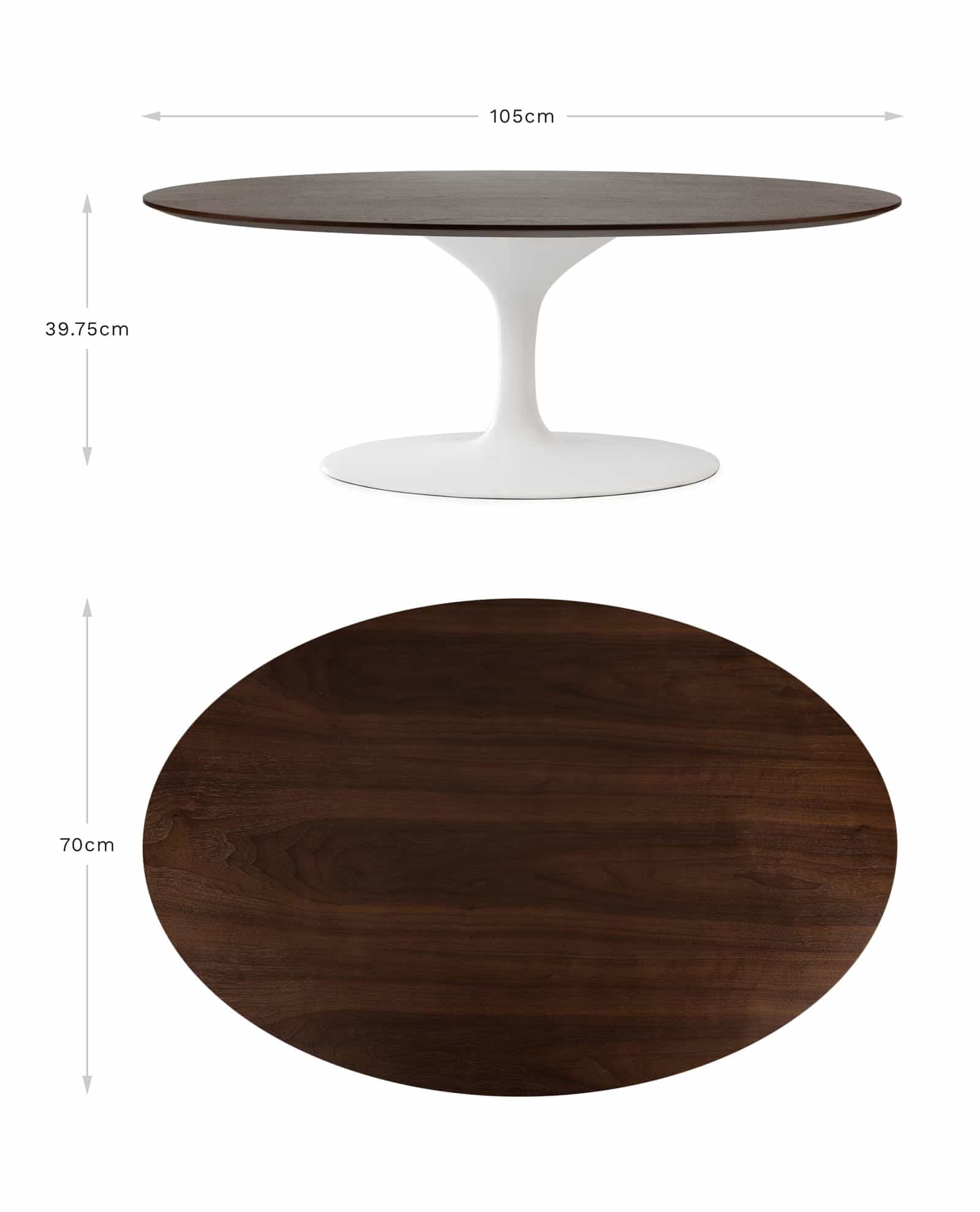 Amended for viewing on mobile and tablet, the dimensions banner for the oval Saarinen Tulip Coffee table with measurement arrows for height, width and depth