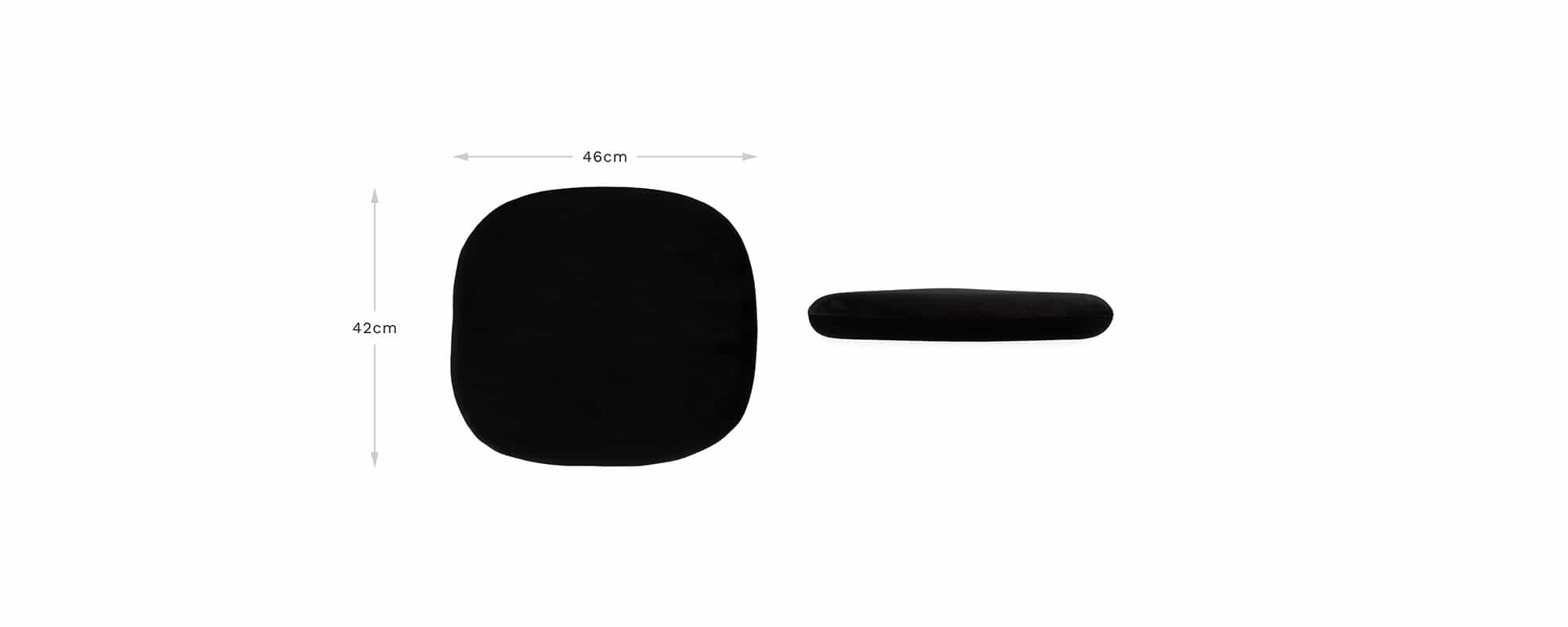 A simple top down and profile view of the Saarinen Tulip Side Chair cushion, with arrows and written dimensions for all measurements given