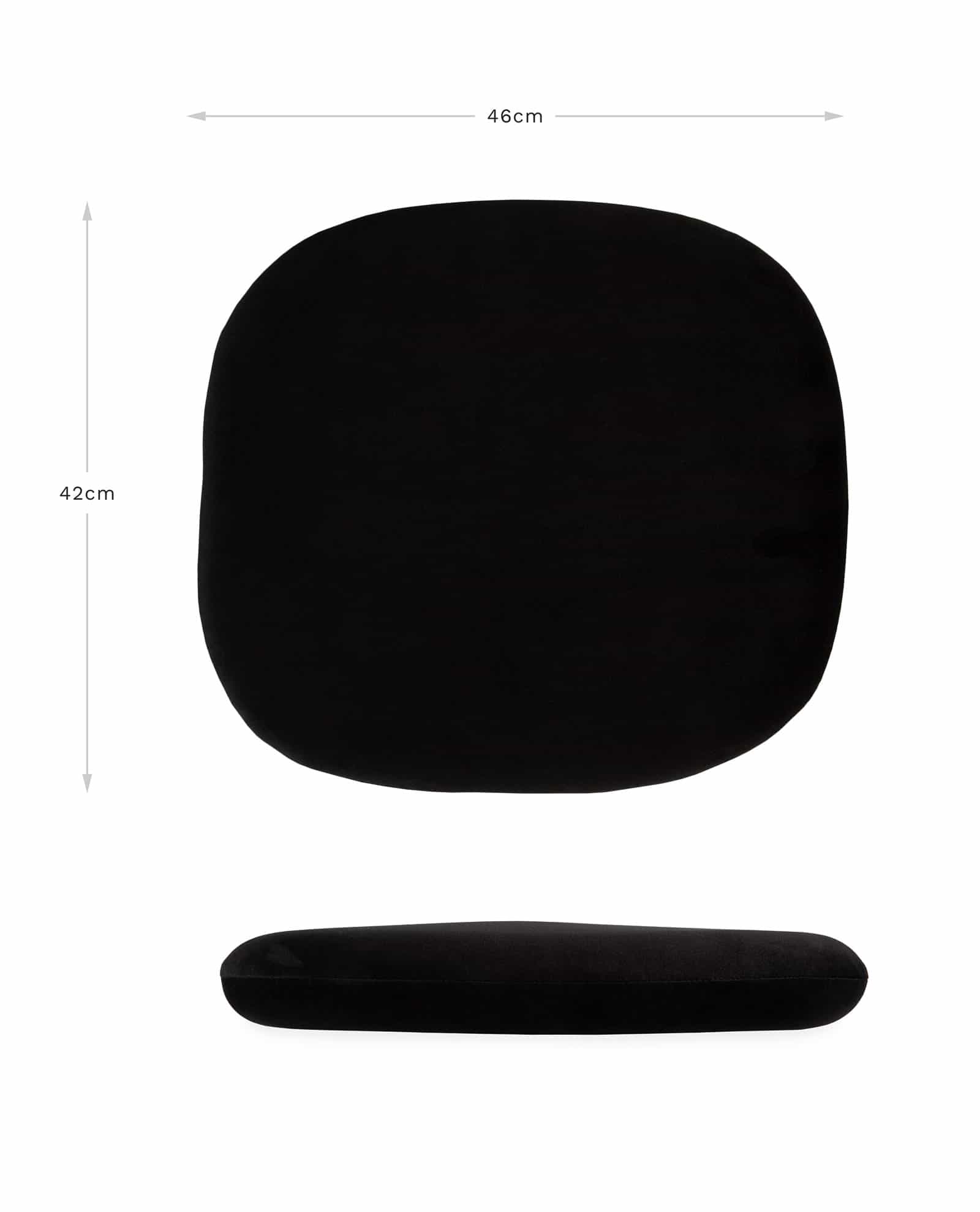 Adjusted for use on mobile or tablet, an image to visually display the profile of the Tulip Side Chair cushions with written dimensions and guide arrows