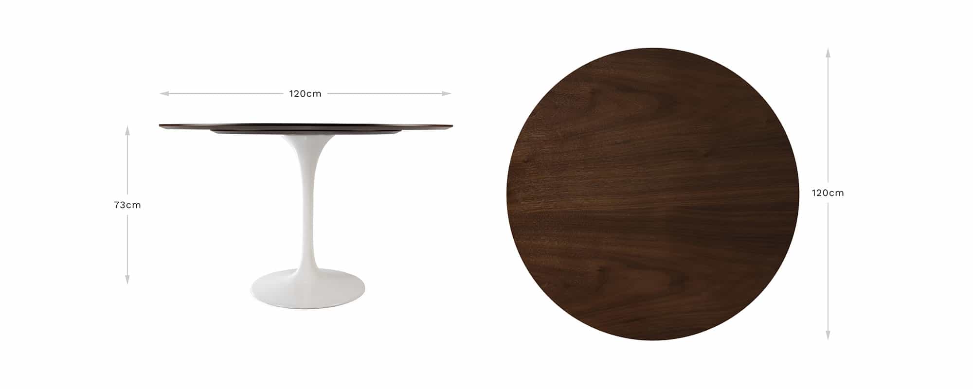 This banner image shows a top down and straight on view of the 120 cm Saarinen Tulip Table and provides visual dimensions for the product