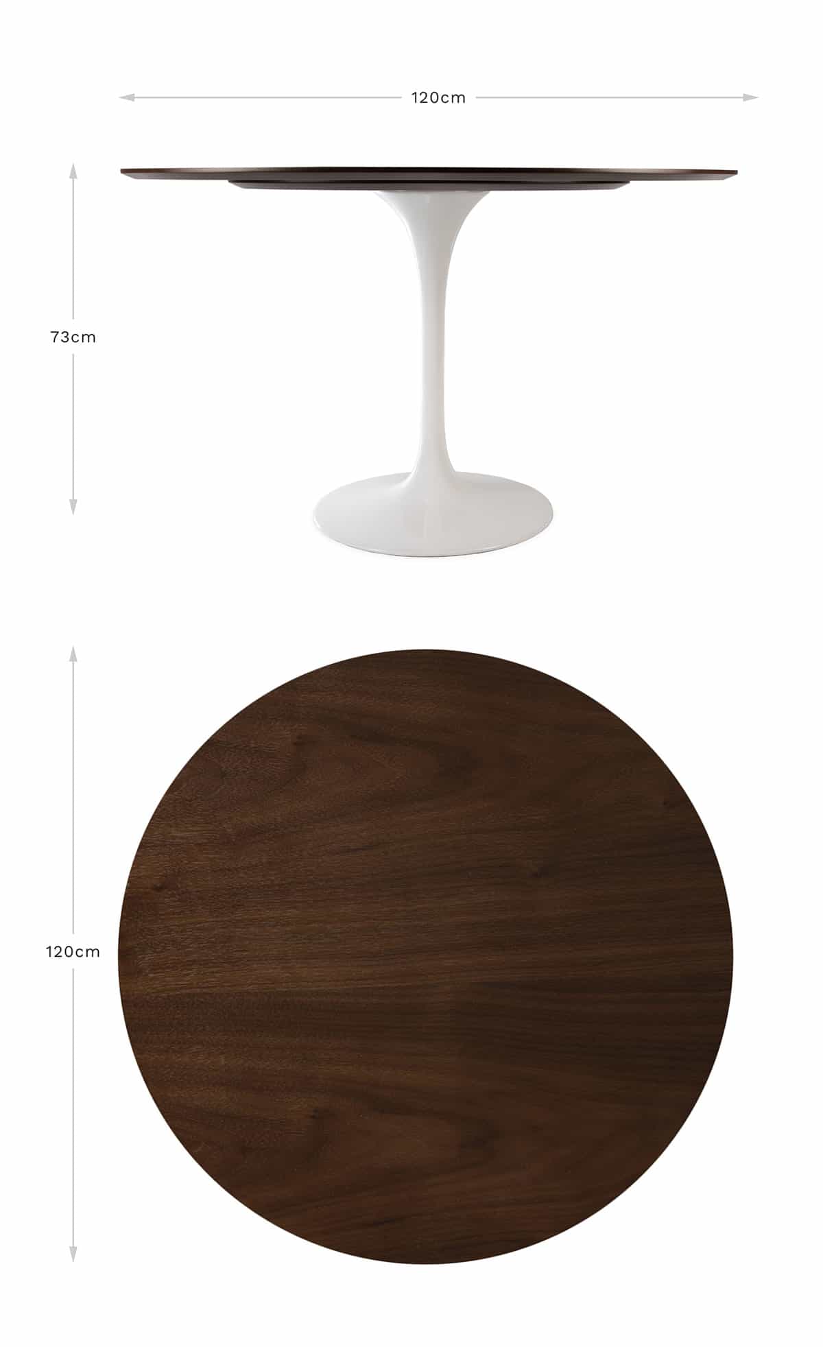 Adjusted for mobile & tablet, this image has a top down & straight on view of the 120 cm Saarinen Tulip Table providing visual dimensions for the product