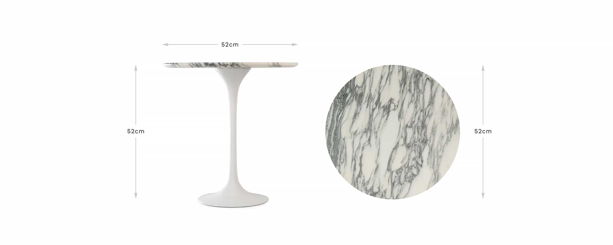 The Tulip Side Table in Arabescato Marble is used in this banner image to show readers the full dimensions of height and circumference of the product