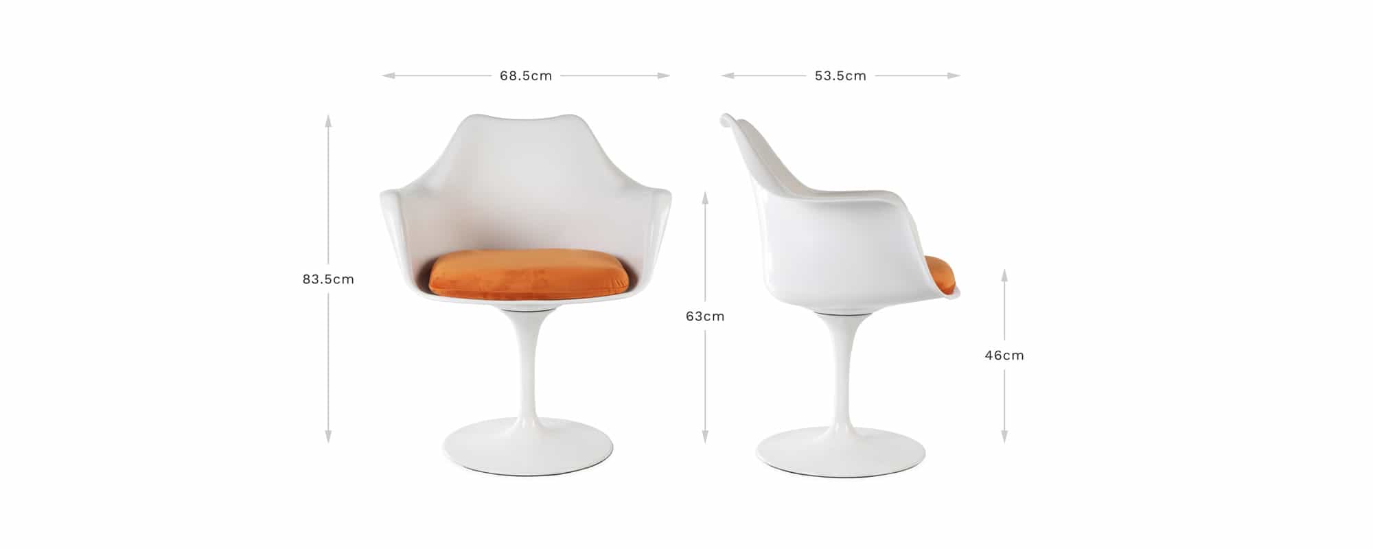 A banner image that gives the viewer a visual impression of the dimensions and specifications of the Saarinen Fibreglass Tulip Dining Arm Chair