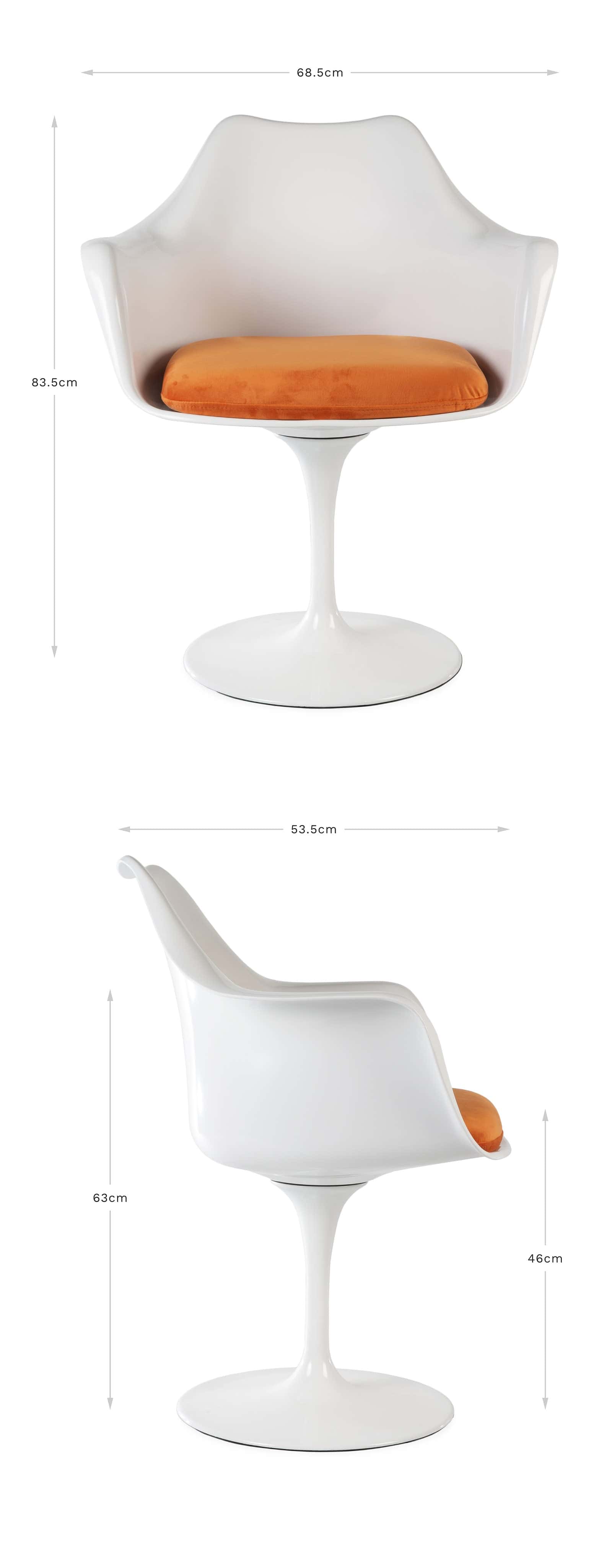 Modified for viewing on a tablet or mobile, this high res image shows a side and front view of the Tulip Dining Arm Chair with dimensions given in cm