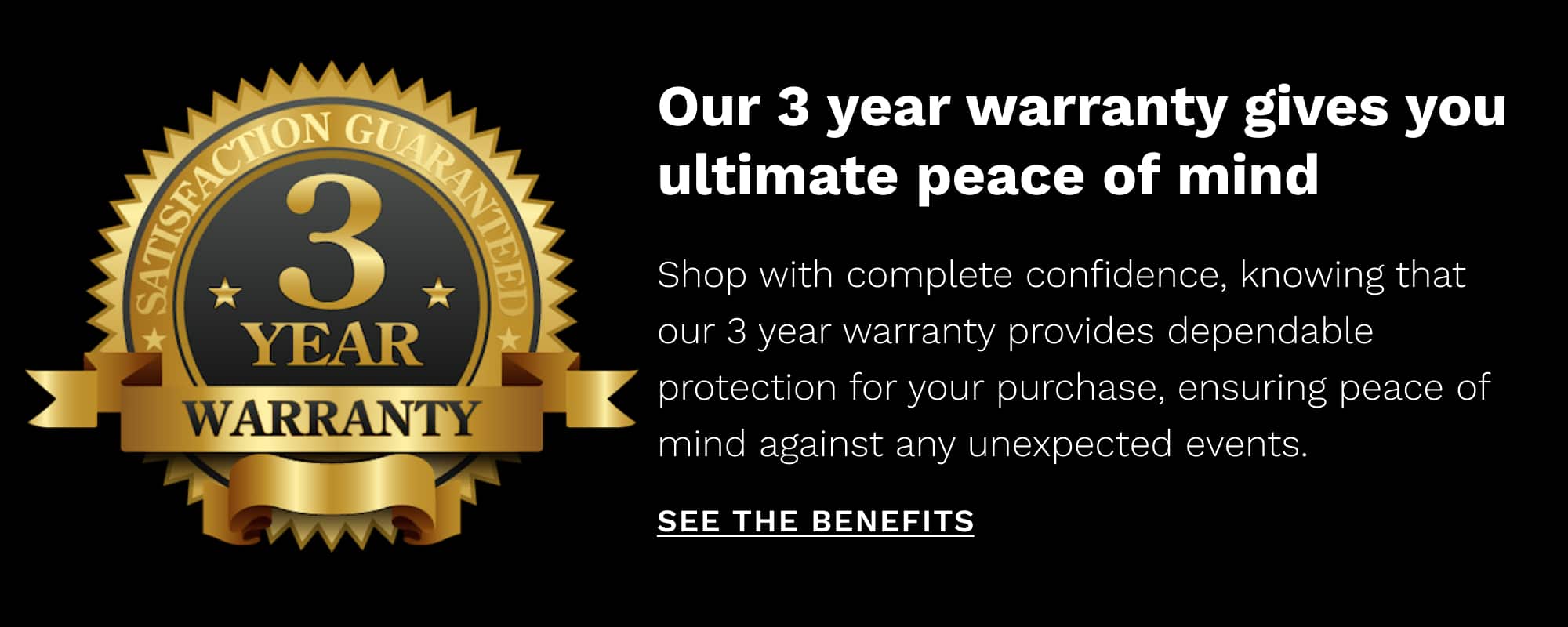 The Little Tulip Shop 3 year warranty guarantee and promise is showcased in this banner of gold crest, white headlines atop a black background