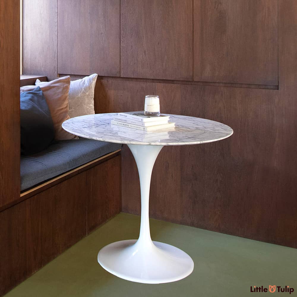 The small circular 90 cm Tulip Table gets a serious uplift with the application of the gorgeous Arabescato Marble top with white and grey veining
